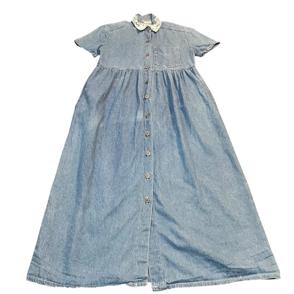 Vintage Studio Lace Collar Denim Short Sleeve Dress - Picture 1 of 7